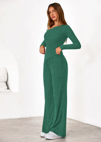 PRETTYGARDEN Casual Two Piece Sets for Women Fall Outfits Asymmetrical Off Shoulder Tops Wide Leg Pants Knit Lounge Set