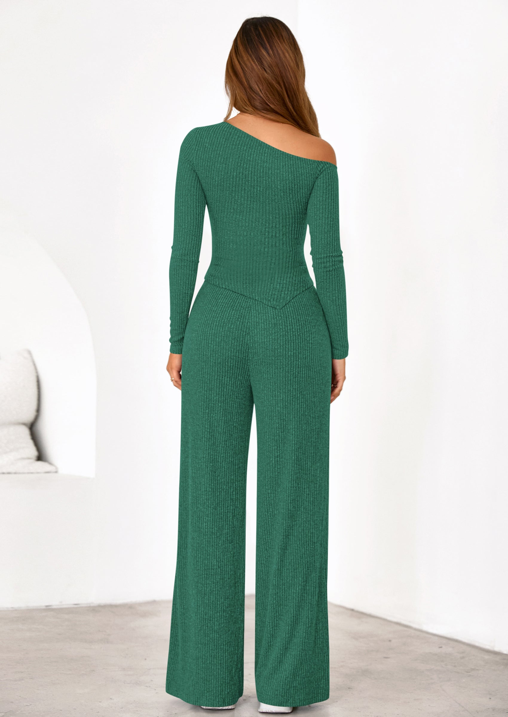 PRETTYGARDEN Casual Two Piece Sets for Women Fall Outfits Asymmetrical Off Shoulder Tops Wide Leg Pants Knit Lounge Set