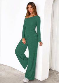 PRETTYGARDEN Casual Two Piece Sets for Women Fall Outfits Asymmetrical Off Shoulder Tops Wide Leg Pants Knit Lounge Set