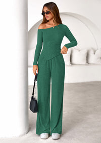 PRETTYGARDEN Casual Two Piece Sets for Women Fall Outfits Asymmetrical Off Shoulder Tops Wide Leg Pants Knit Lounge Set