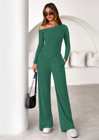 PRETTYGARDEN Casual Two Piece Sets for Women Fall Outfits Asymmetrical Off Shoulder Tops Wide Leg Pants Knit Lounge Set