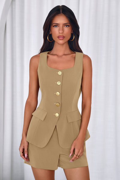 PRETTYGARDEN Womens 2 Piece Matching Sets Fashion Button Down Suit Vest Tops Shorts Set Spring Business Casual Outfits PRETTYGARDEN