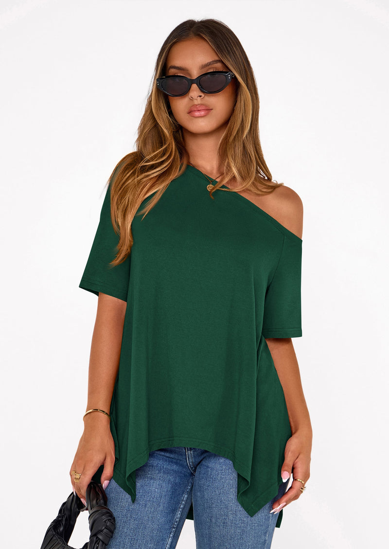 PRETTYGARDEN Off The Shoulder Tops for Women Summer Short Sleeve Asymmetrical Oversized Tee Shirts Casual Spring Clothes PRETTYGARDEN