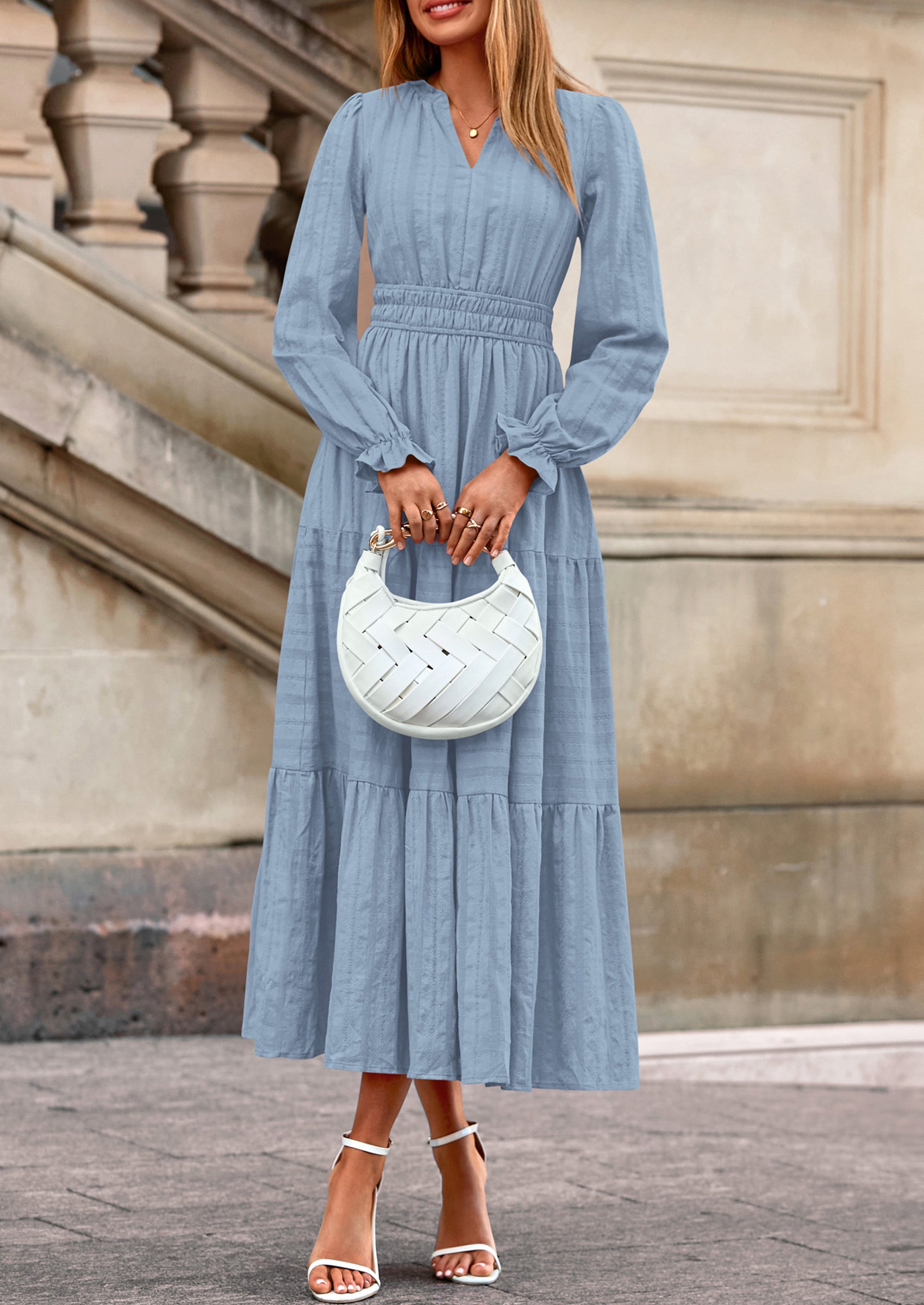 PRETTYGARDEN Women's Fall Wedding Guest Dresses Long Sleeve V Neck Flowy Elegant Holiday Party Maxi Dress with Pockets