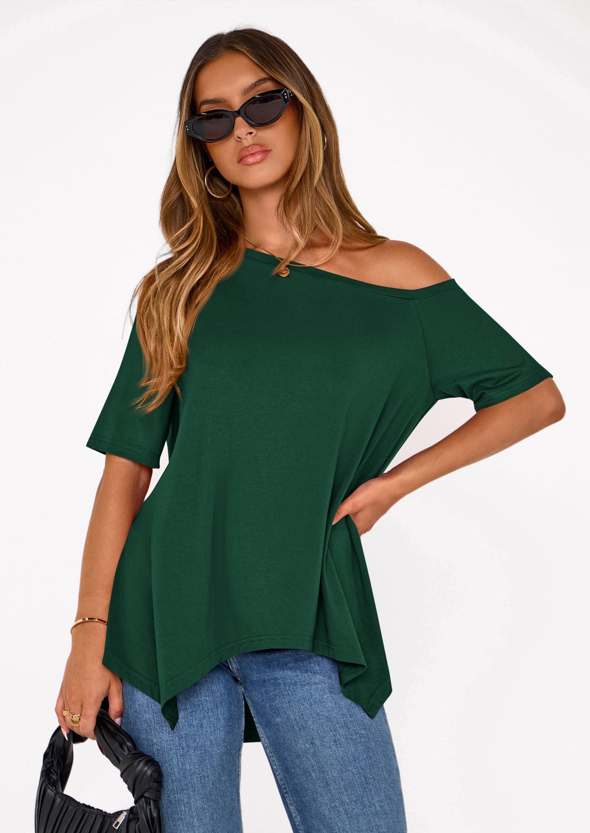 PRETTYGARDEN Off The Shoulder Tops for Women Summer Short Sleeve Asymmetrical Oversized Tee Shirts Casual Spring Clothes PRETTYGARDEN