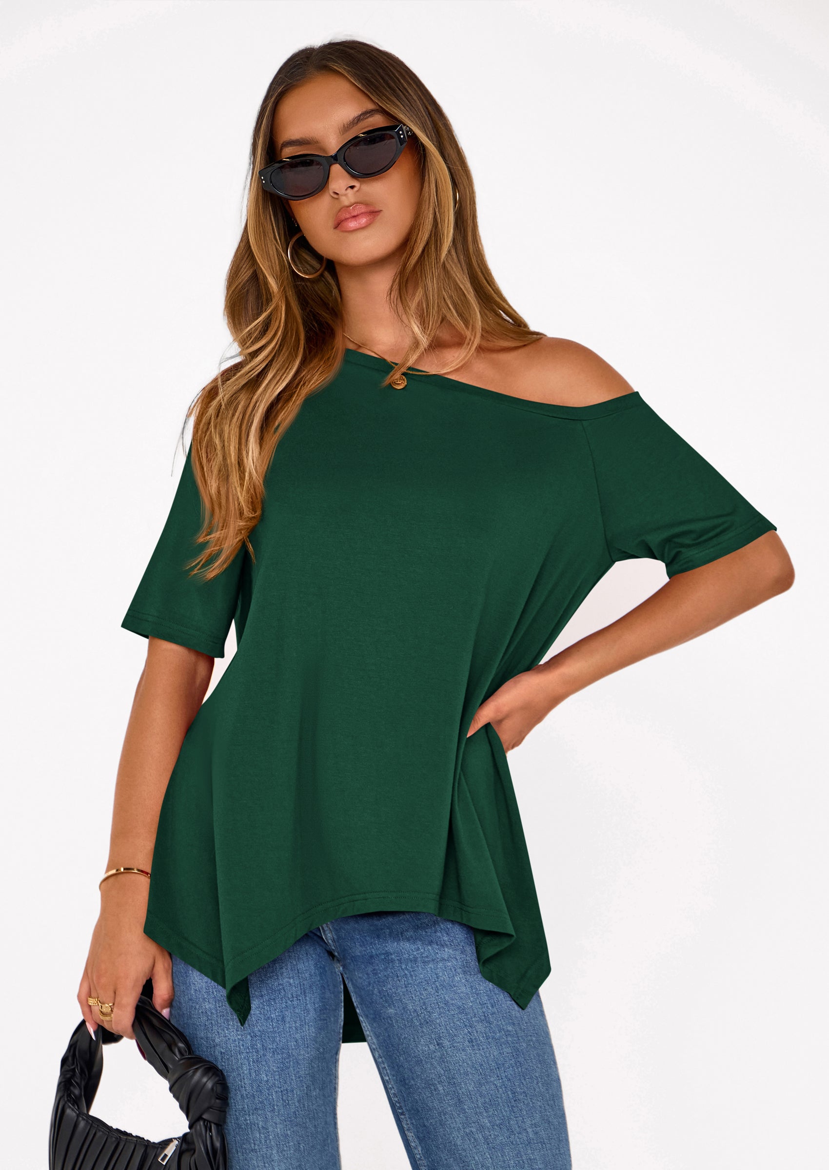 PRETTYGARDEN Off The Shoulder Tops for Women Summer Short Sleeve Asymmetrical Oversized Tee Shirts Casual Spring Clothes PRETTYGARDEN