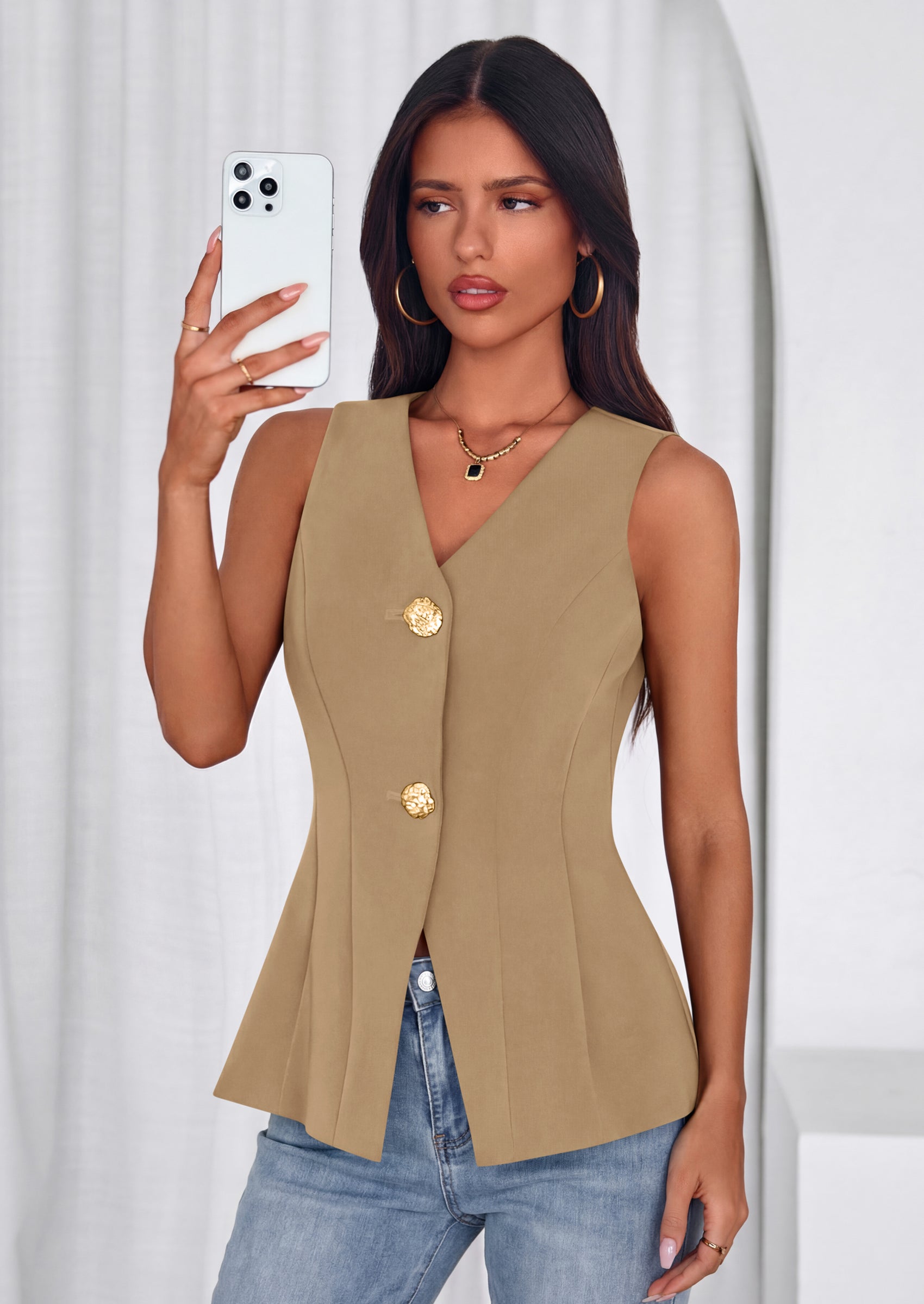 PRETTYGARDEN Womens Summer Sleeveless Blazer Vest Tops Trendy V Neck Button Down Business Casual Suit Vests Waistcoat PRETTYGARDEN