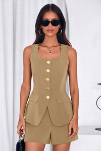 PRETTYGARDEN Womens 2 Piece Matching Sets Fashion Button Down Suit Vest Tops Shorts Set Spring Business Casual Outfits PRETTYGARDEN