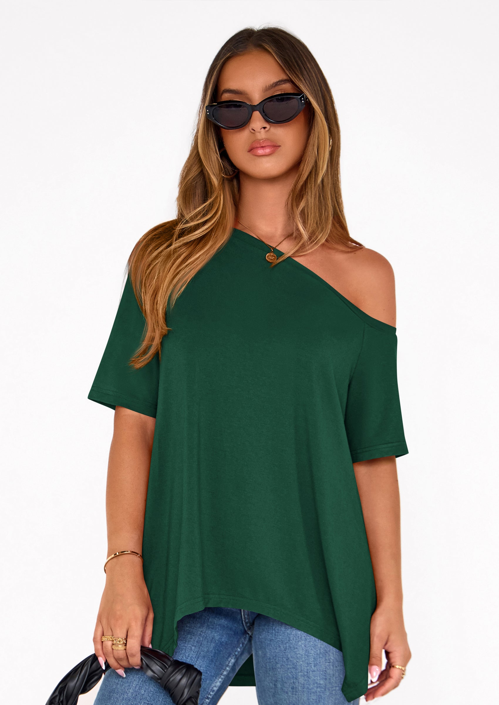 PRETTYGARDEN Off The Shoulder Tops for Women Summer Short Sleeve Asymmetrical Oversized Tee Shirts Casual Spring Clothes PRETTYGARDEN