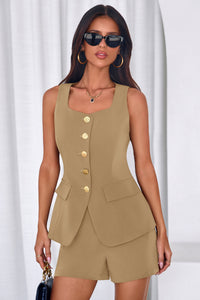 PRETTYGARDEN Womens 2 Piece Matching Sets Fashion Button Down Suit Vest Tops Shorts Set Spring Business Casual Outfits PRETTYGARDEN