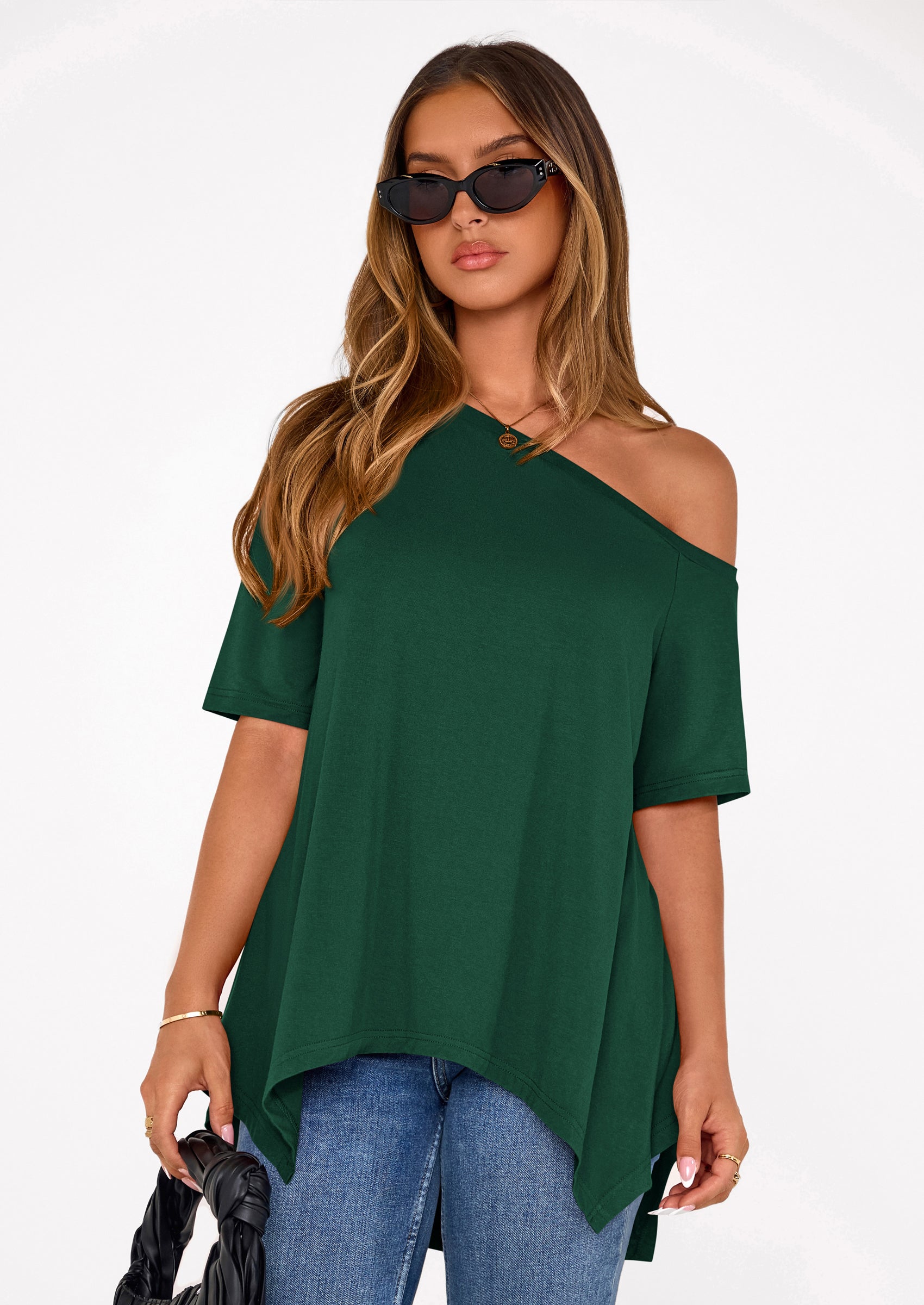 PRETTYGARDEN Off The Shoulder Tops for Women Summer Short Sleeve Asymmetrical Oversized Tee Shirts Casual Spring Clothes PRETTYGARDEN