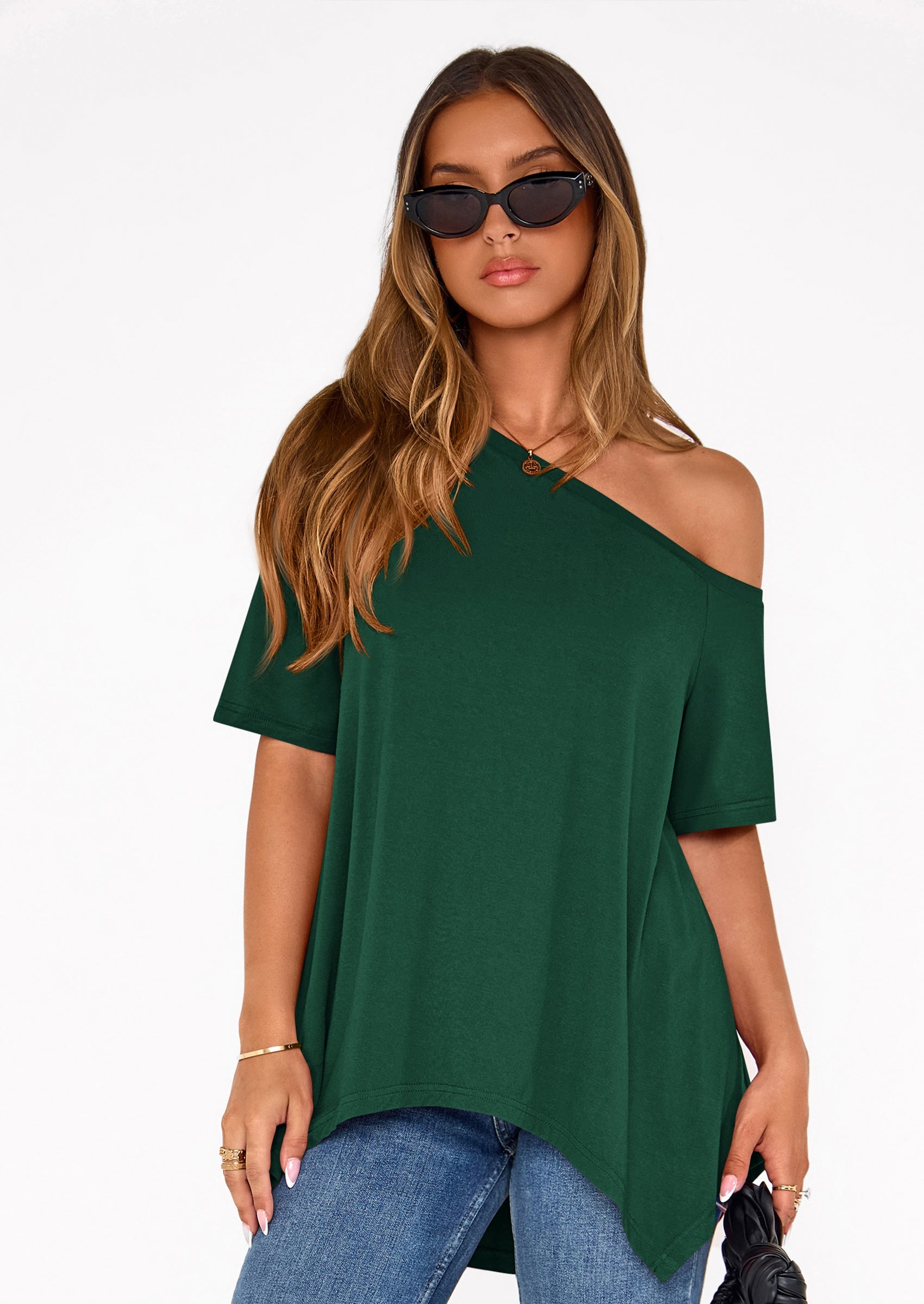 PRETTYGARDEN Off The Shoulder Tops for Women Summer Short Sleeve Asymmetrical Oversized Tee Shirts Casual Spring Clothes PRETTYGARDEN