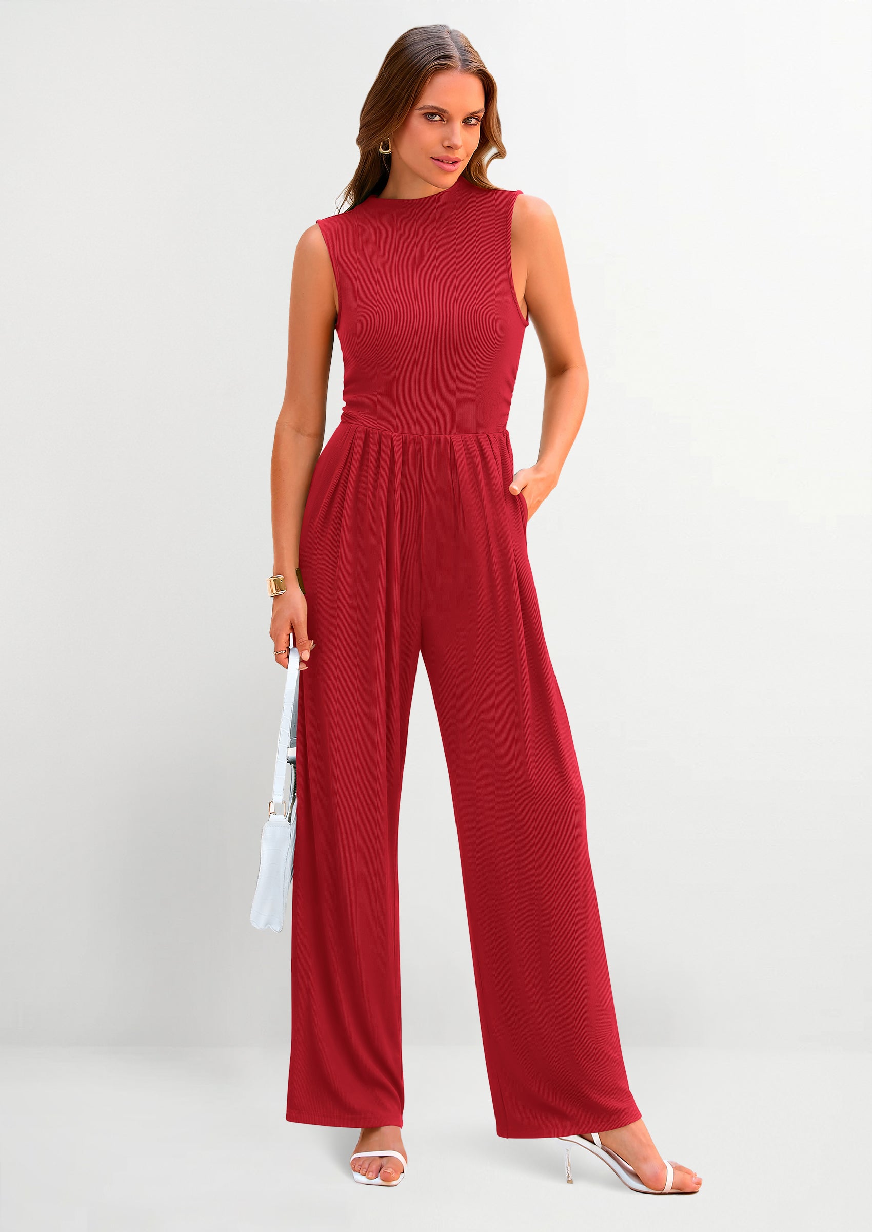 PRETTYGARDEN Womens Summer Jumpsuits Dressy Casual One Piece Outfits Sleeveless Mock Neck Wide Leg Pants Rompers with Pockets