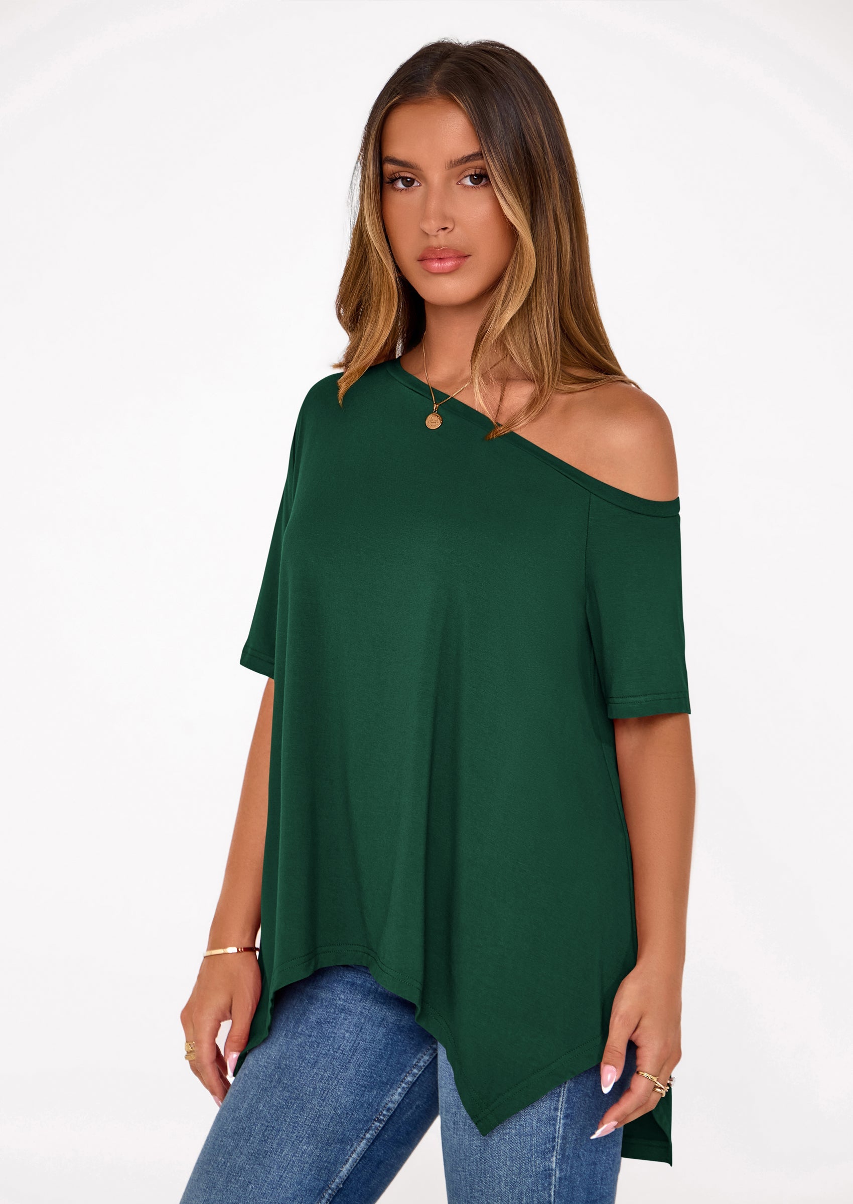 PRETTYGARDEN Off The Shoulder Tops for Women Summer Short Sleeve Asymmetrical Oversized Tee Shirts Casual Spring Clothes PRETTYGARDEN