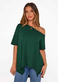 PRETTYGARDEN Off The Shoulder Tops for Women Summer Short Sleeve Asymmetrical Oversized Tee Shirts Casual Spring Clothes PRETTYGARDEN