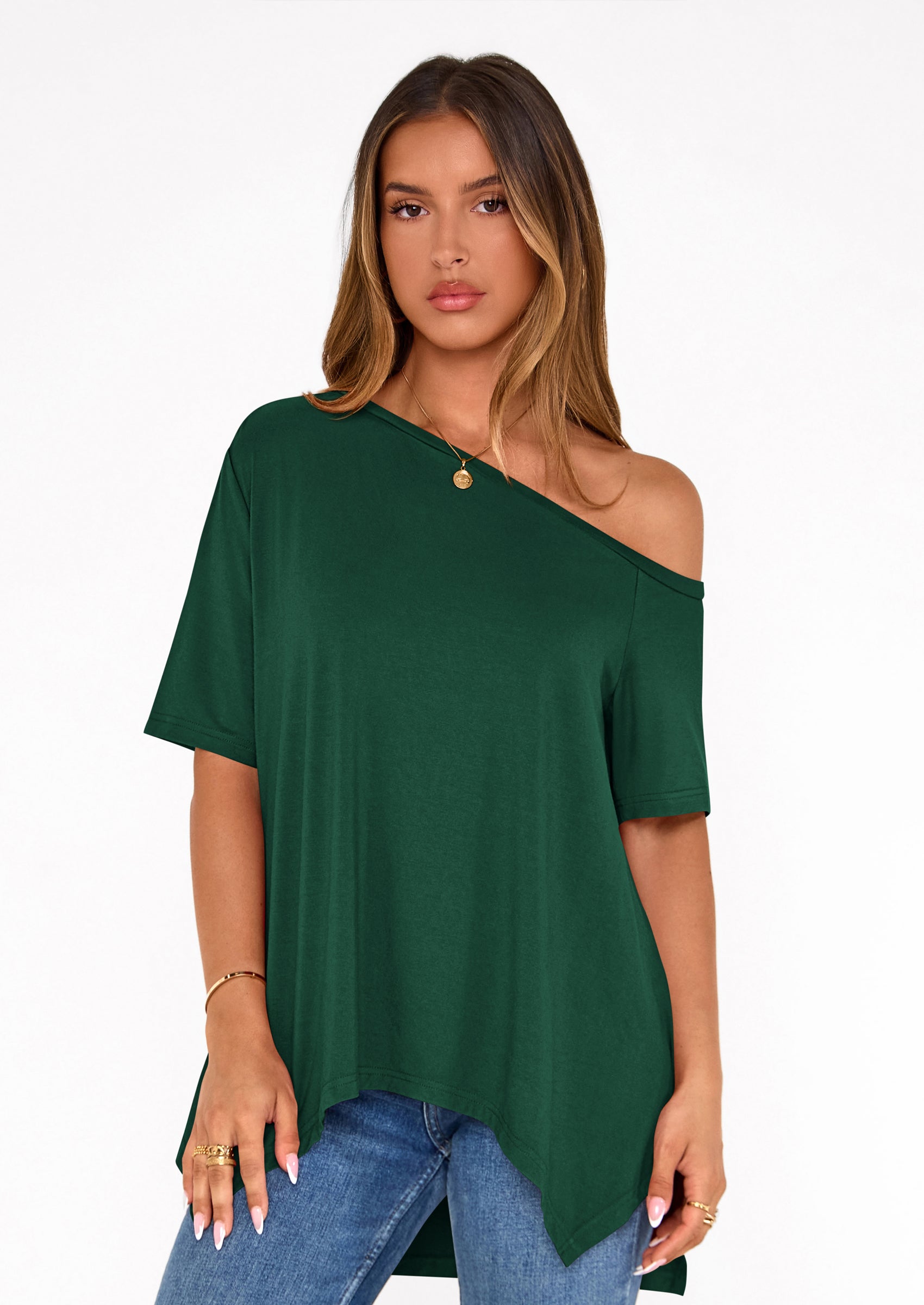 PRETTYGARDEN Off The Shoulder Tops for Women Summer Short Sleeve Asymmetrical Oversized Tee Shirts Casual Spring Clothes PRETTYGARDEN