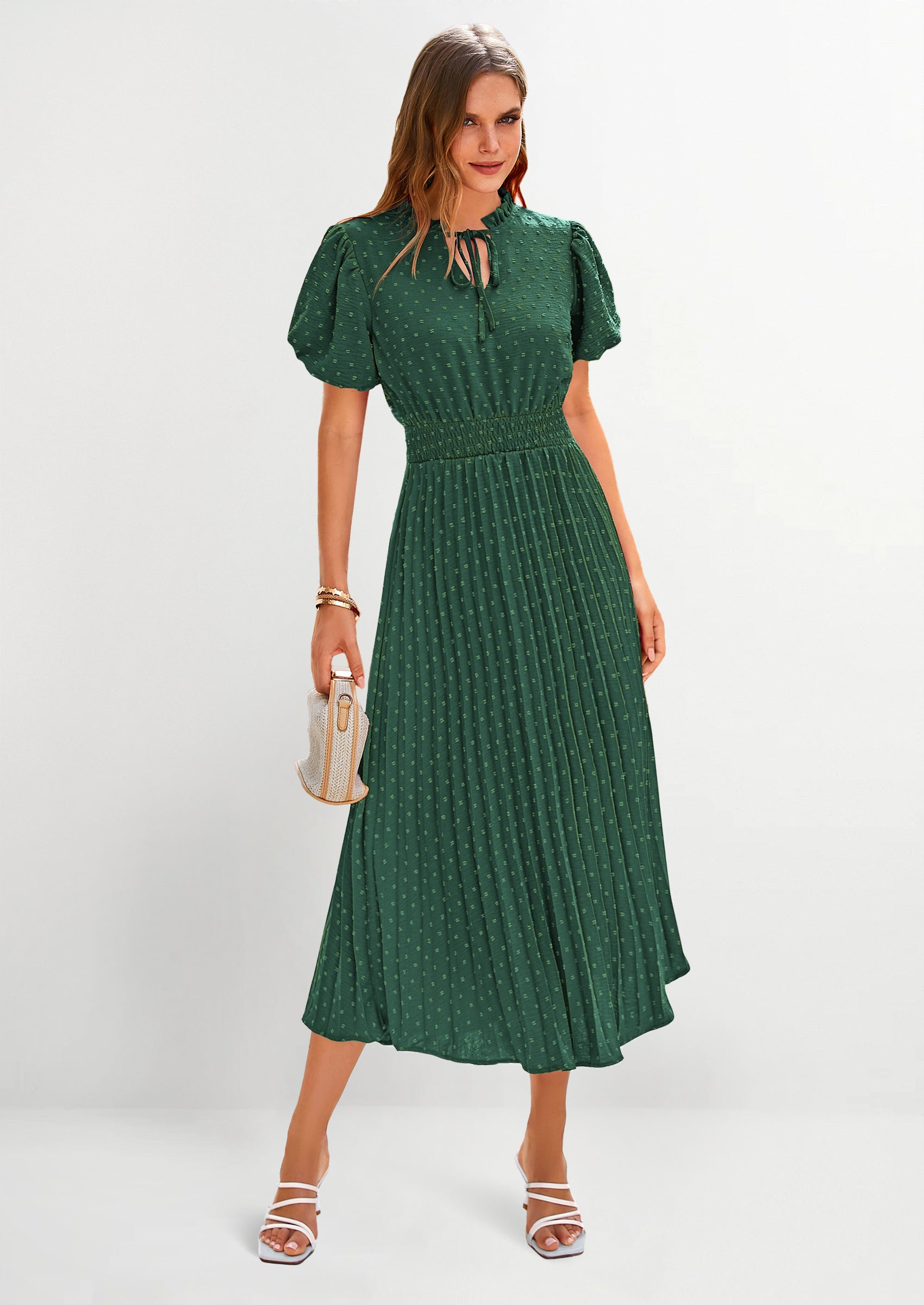 PRETTYGARDEN Womens Midi Dresses Puff Short Sleeve V Neck Swiss Dot Pleated A Line Flowy Long Wedding Guest Dress