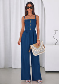 PRETTYGARDEN Jumpsuits for Women Summer Sleeveless Smocked Button Wide Leg Rompers Spring Travel One Piece Outfits PRETTYGARDEN