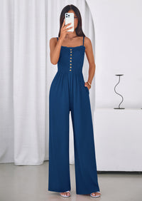 PRETTYGARDEN Jumpsuits for Women Summer Sleeveless Smocked Button Wide Leg Rompers Spring Travel One Piece Outfits PRETTYGARDEN