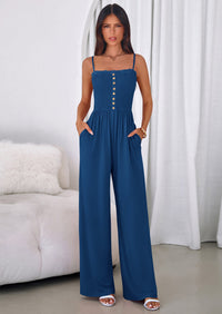 PRETTYGARDEN Jumpsuits for Women Summer Sleeveless Smocked Button Wide Leg Rompers Spring Travel One Piece Outfits PRETTYGARDEN