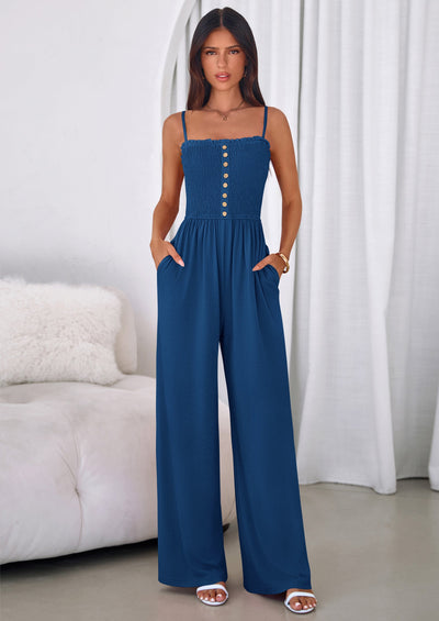 PRETTYGARDEN Jumpsuits for Women Summer Sleeveless Smocked Button Wide Leg Rompers Spring Travel One Piece Outfits PRETTYGARDEN