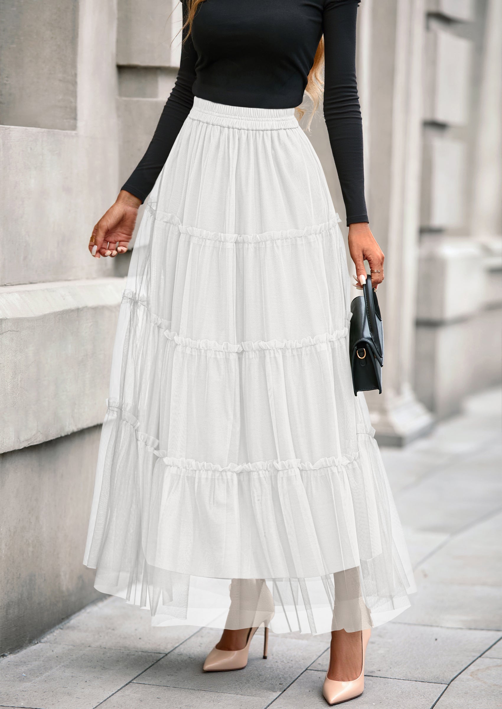 PRETTYGARDEN Maxi Skirts for Women Fall Tulle High Waisted Ruffle Flowy A-Line Long Skirt Country Concert Outfits