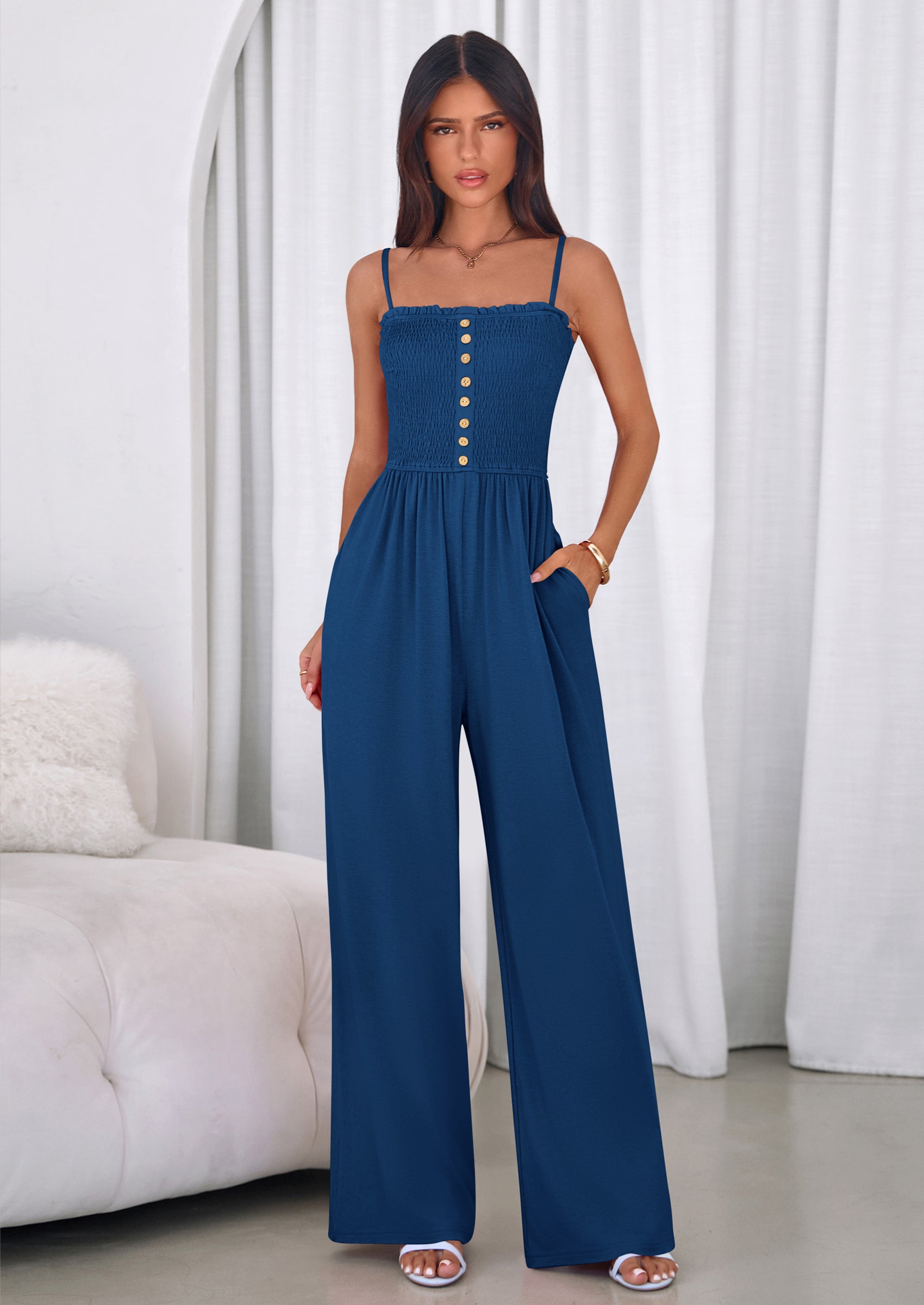 PRETTYGARDEN Jumpsuits for Women Summer Sleeveless Smocked Button Wide Leg Rompers Spring Travel One Piece Outfits PRETTYGARDEN