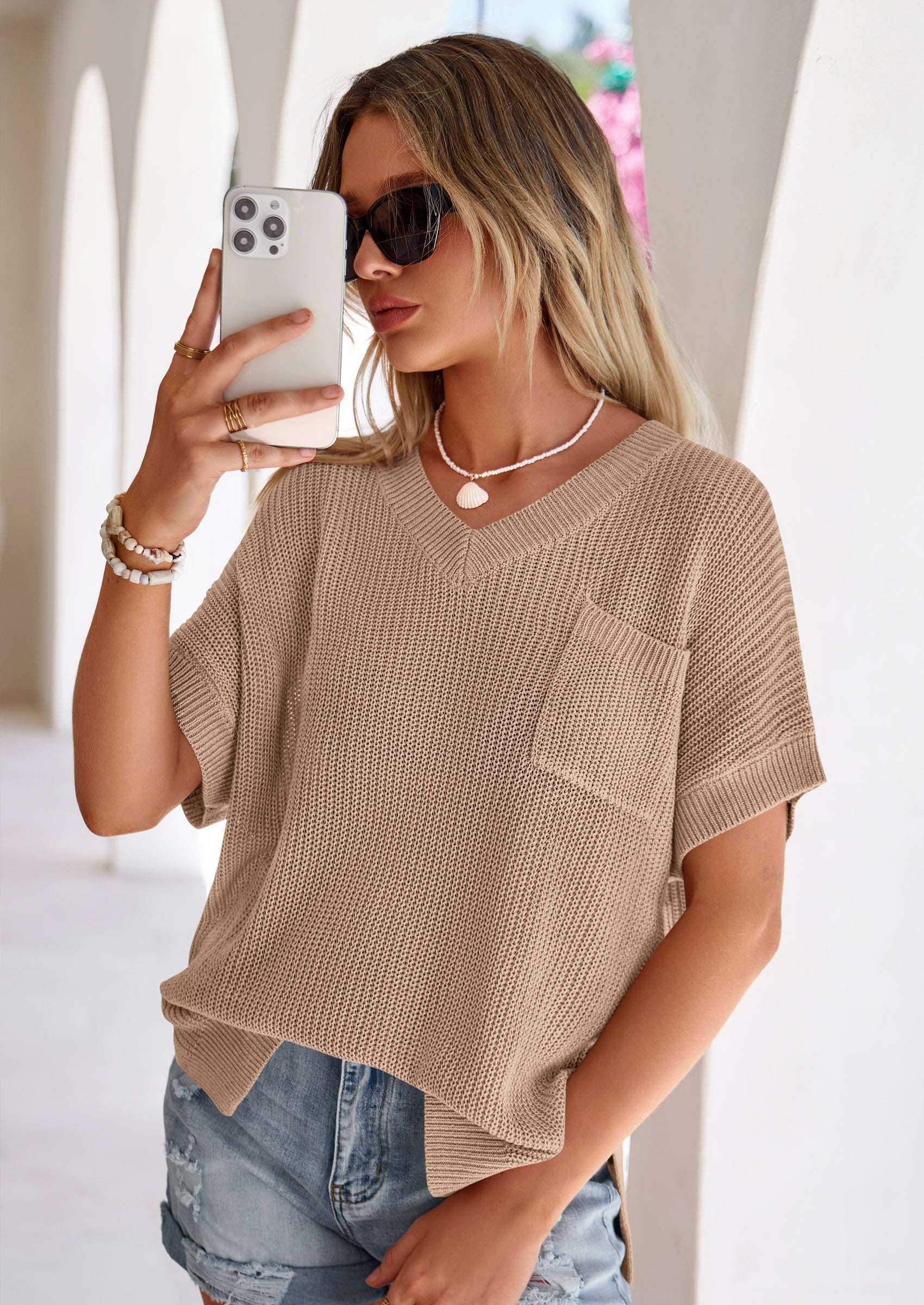 PRETTYGARDEN Women's Spring Short Sleeve Sweaters Lightweight V Neck Casual Going Out Summer T PRETTYGARDEN