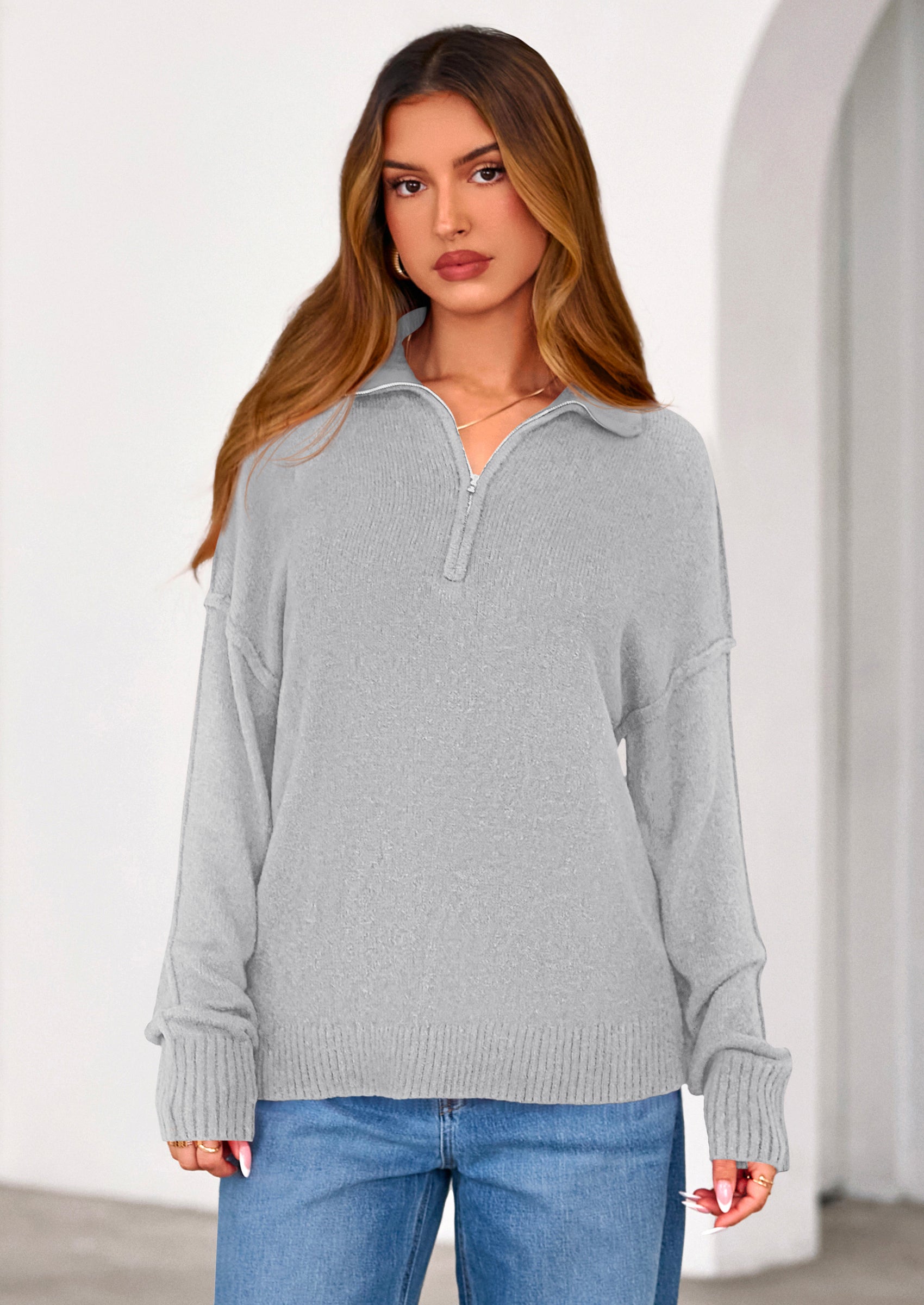 PRETTYGARDEN Womens Sweaters Quarter Zip Pullover Early Fall Fashion Long Sleeve V Neck Collared Knit Winter Jumper Tops