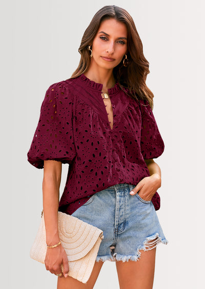 PRETTYGARDEN Women's Summer Short Sleeve Tops Dressy Casual Buttons V Neck Hollow Out Lace Embroidered Blouses Shirts