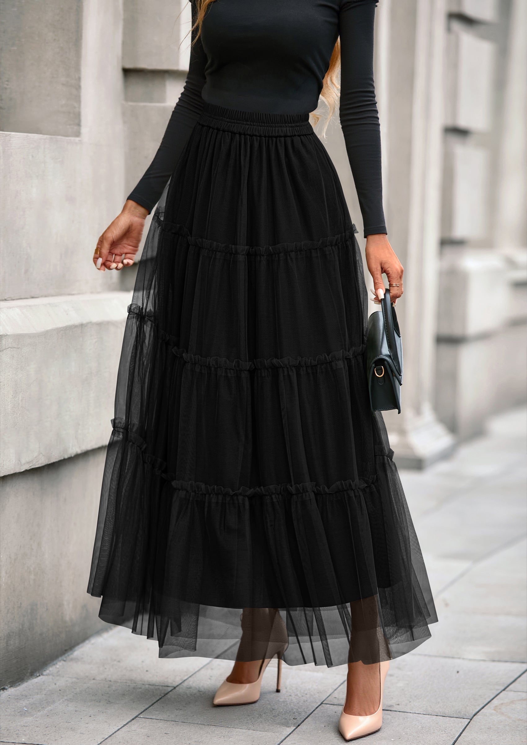 PRETTYGARDEN Maxi Skirts for Women Fall Tulle High Waisted Ruffle Flow PRETTYGARDEN Maxi Skirts for Women Fall Tulle High Waisted Ruffle Flow