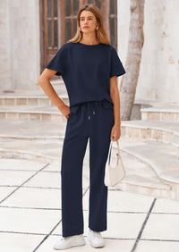 PRETTYGARDEN 2 Piece Outfits For Women Casual Tracksuit Short Sleeve Tops And Wide Leg Long Pants Matching Lounge Sets