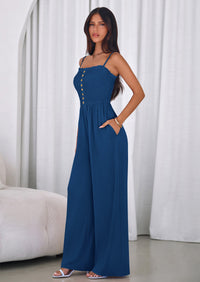 PRETTYGARDEN Jumpsuits for Women Summer Sleeveless Smocked Button Wide Leg Rompers Spring Travel One Piece Outfits PRETTYGARDEN