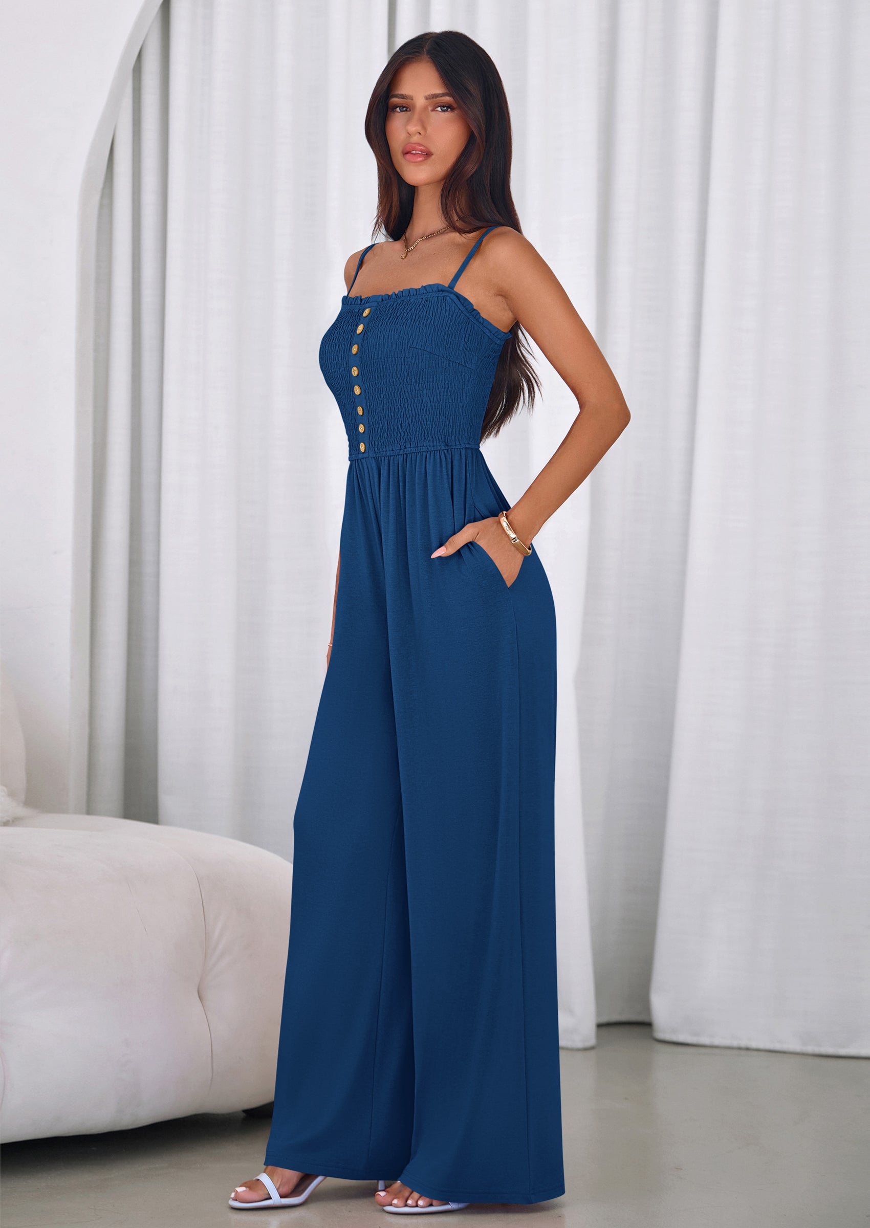 PRETTYGARDEN Jumpsuits for Women Summer Sleeveless Smocked Button Wide Leg Rompers Spring Travel One Piece Outfits PRETTYGARDEN