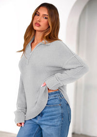 PRETTYGARDEN Womens Sweaters Quarter Zip Pullover Early Fall Fashion Long Sleeve V Neck Collared Knit Winter Jumper Tops