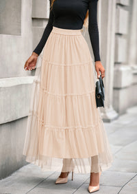 PRETTYGARDEN Maxi Skirts for Women Fall Tulle High Waisted Ruffle Flowy A-Line Long Skirt Country Concert Outfits