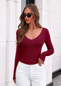 PRETTYGARDEN Bodysuits for Women Fall Long Sleeve Shirts V Neck Slim Fitted Basic Tees Going Out Tops Fashion Clothing
