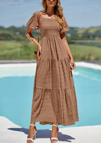 PRETTYGARDEN Womens Summer Puff Short Sleeve Maxi Dress Square Neck Smocked Tiered Ruffle A Line Long Flowy Beach Dresses