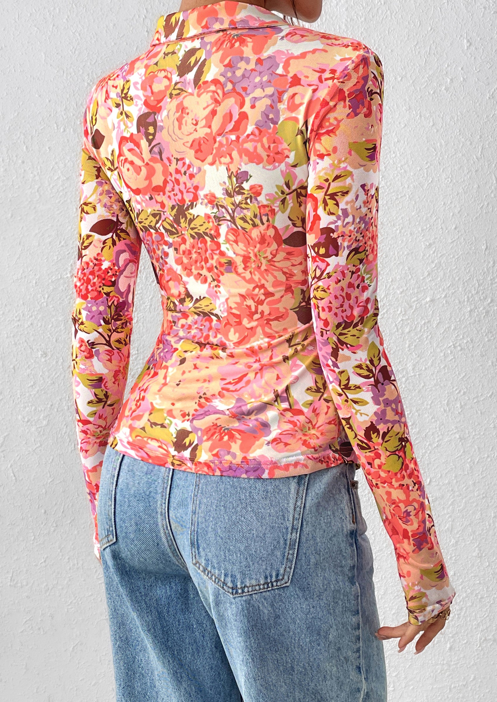 PRETTYGARDEN Women Button Down Floral Shirts Fall Trendy Long Sleeve V Neck Ruched Fitted Mesh Blouse Tops Date Outfits