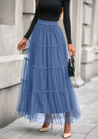 PRETTYGARDEN Maxi Skirts for Women Fall Tulle High Waisted Ruffle Flowy A-Line Long Skirt Country Concert Outfits