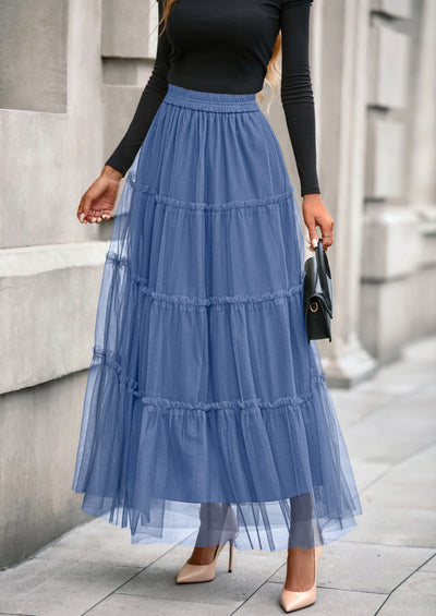 PRETTYGARDEN Maxi Skirts for Women Fall Tulle High Waisted Ruffle Flowy A-Line Long Skirt Country Concert Outfits