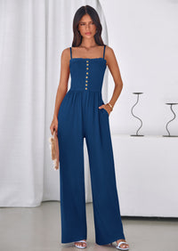 PRETTYGARDEN Jumpsuits for Women Summer Sleeveless Smocked Button Wide Leg Rompers Spring Travel One Piece Outfits PRETTYGARDEN