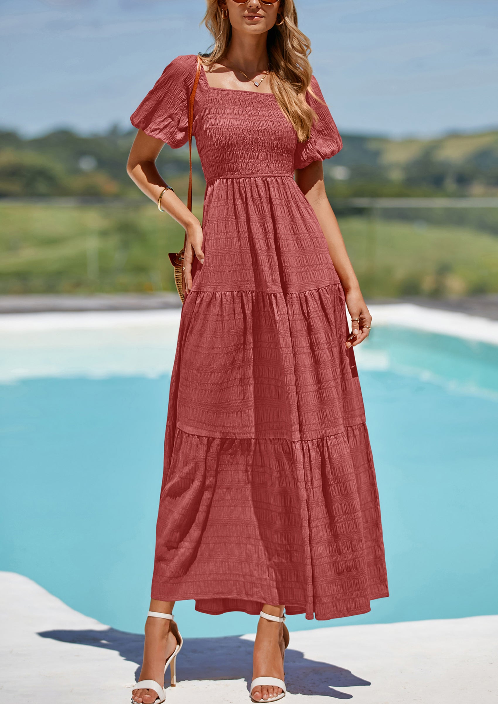 PRETTYGARDEN Womens Summer Puff Short Sleeve Maxi Dress Square Neck Smocked Tiered Ruffle A Line Long Flowy Beach Dresses