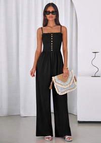 PRETTYGARDEN Jumpsuits for Women Summer Sleeveless Smocked Button Wide Leg Rompers Spring Travel One Piece Outfits PRETTYGARDEN