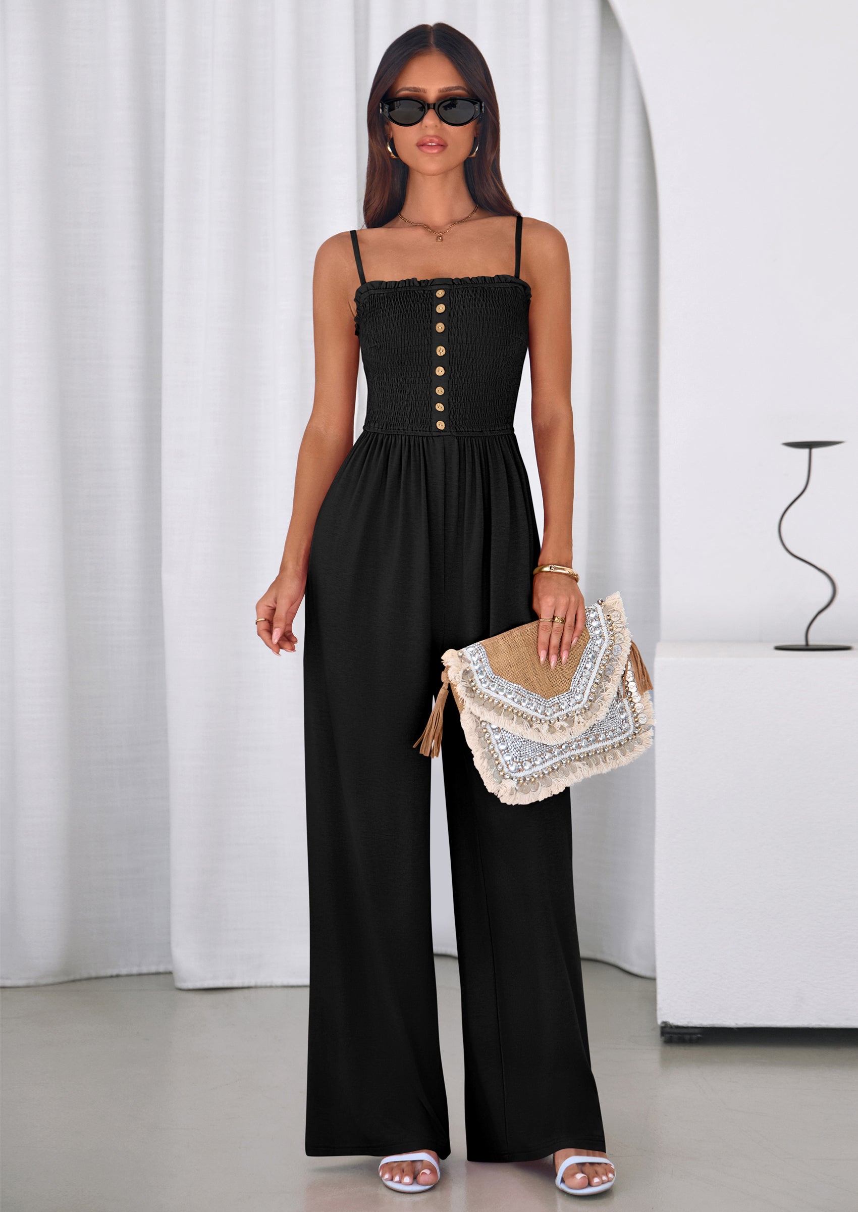 PRETTYGARDEN Jumpsuits for Women Summer Sleeveless Smocked Button Wide Leg Rompers Spring Travel One Piece Outfits PRETTYGARDEN