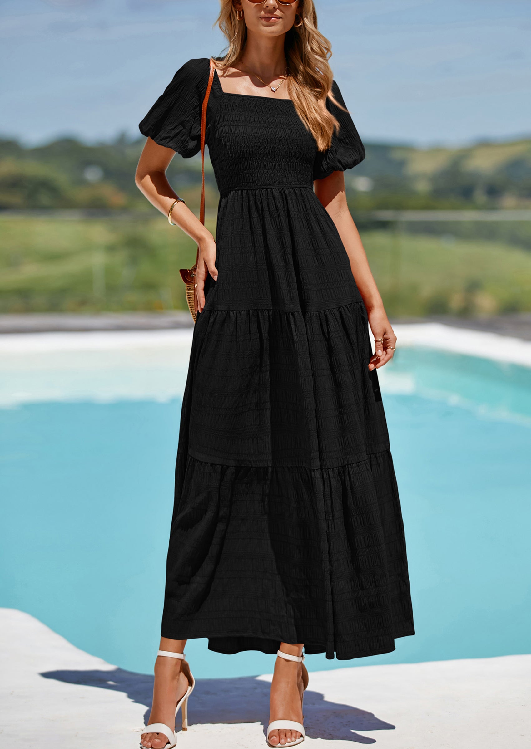 PRETTYGARDEN Womens Summer Puff Short Sleeve Maxi Dress Square Neck Smocked Tiered Ruffle A Line Long Flowy Beach Dresses