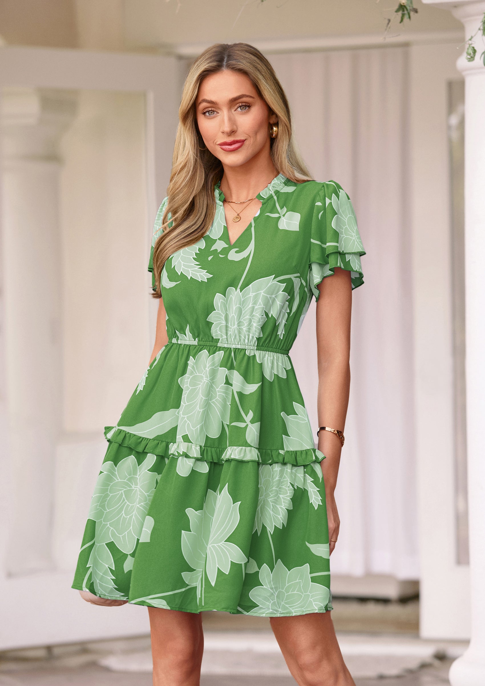 PRETTYGARDEN Womens Summer Floral Mini Dress Trendy Ruffle Short Sleeve V Neck Flowy A Line Short Beach Dresses