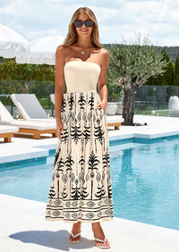 PRETTYGARDEN Summer Dresses for Women Floral Patchwork Strapless Tube Long Flowy Dress Beach Vacation Clothes