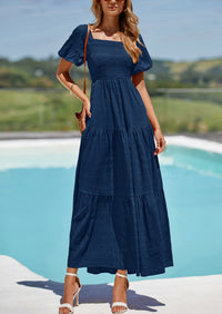 PRETTYGARDEN Womens Summer Puff Short Sleeve Maxi Dress Square Neck Smocked Tiered Ruffle A Line Long Flowy Beach Dresses