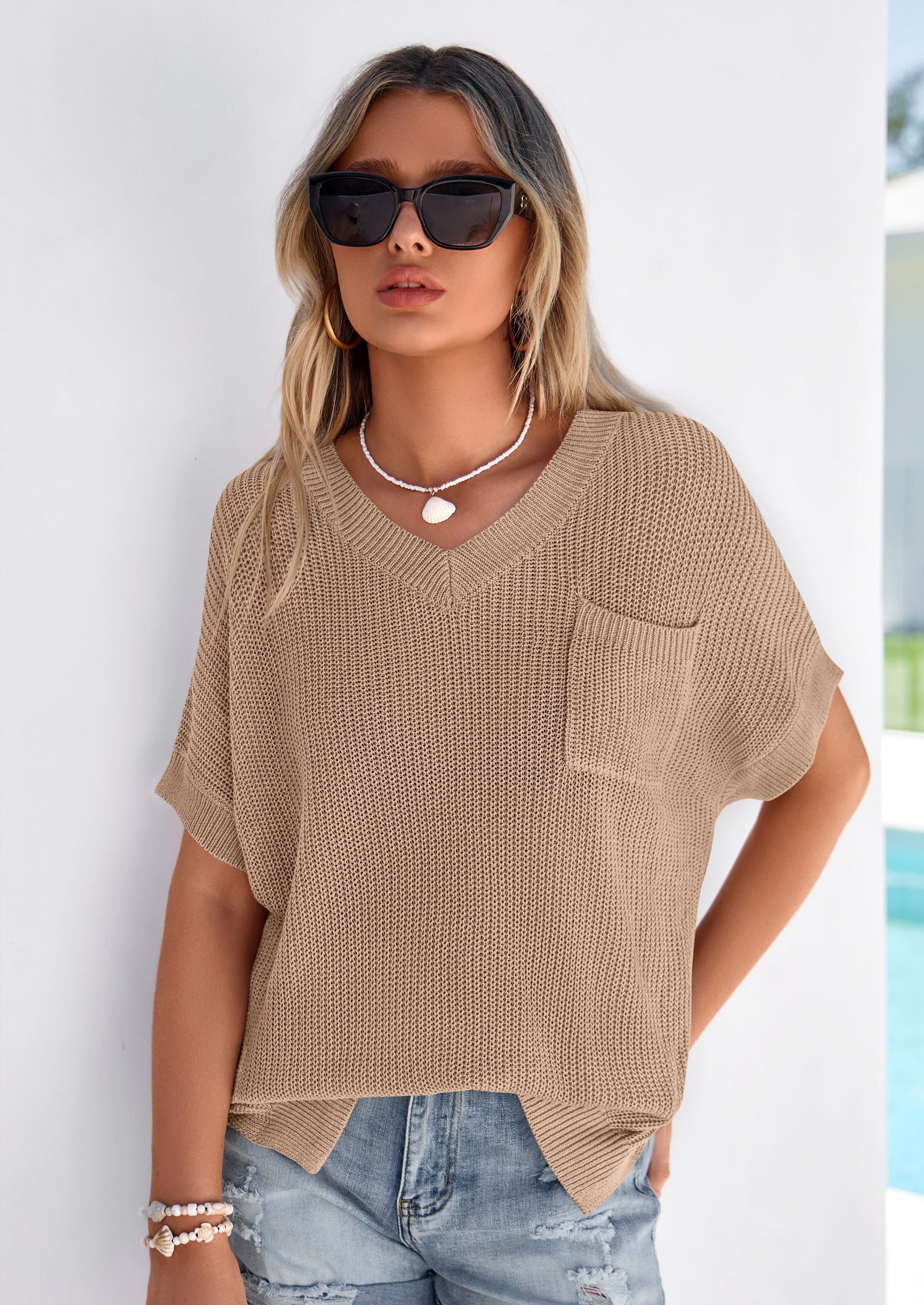 PRETTYGARDEN Women's Spring Short Sleeve Sweaters Lightweight V Neck Casual Going Out Summer T PRETTYGARDEN